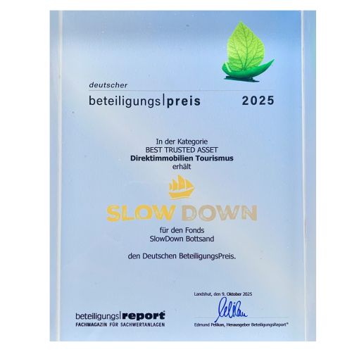 Deutscher Beteiligungspreis 2025 für SlowDown Bottsand – Beste Direktimmobilie Tourismus